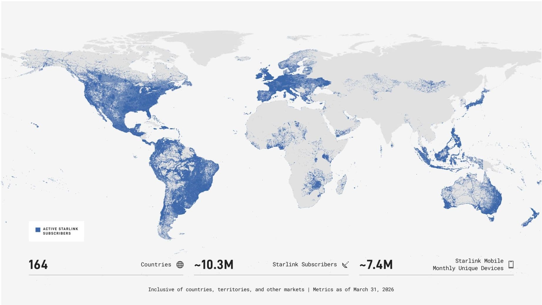 A world map showing Starlink subscriber density across 164 countries, with metrics overlaid.