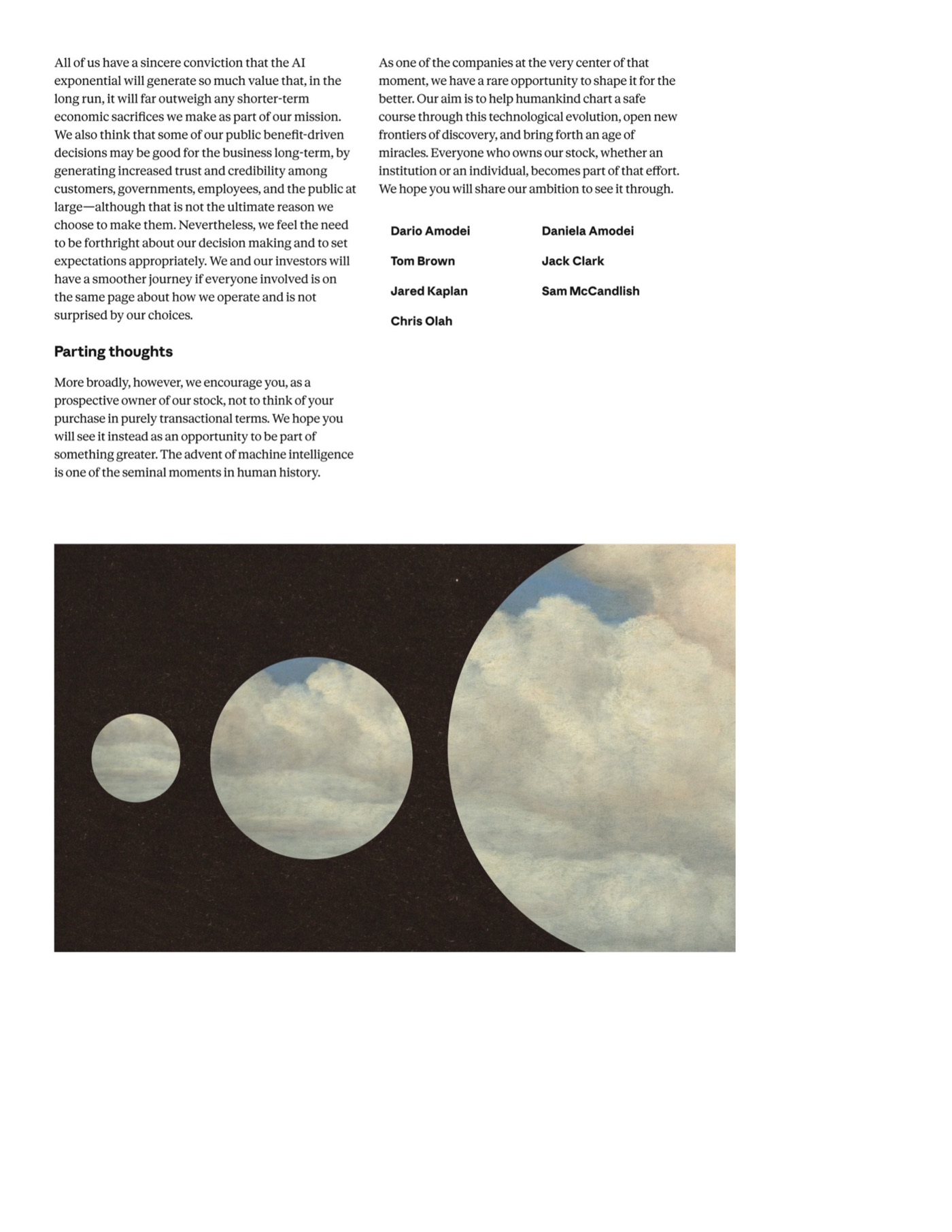 Parser-described artwork: three circular cutouts of varying sizes revealing a cloudy sky against a dark, textured background.
