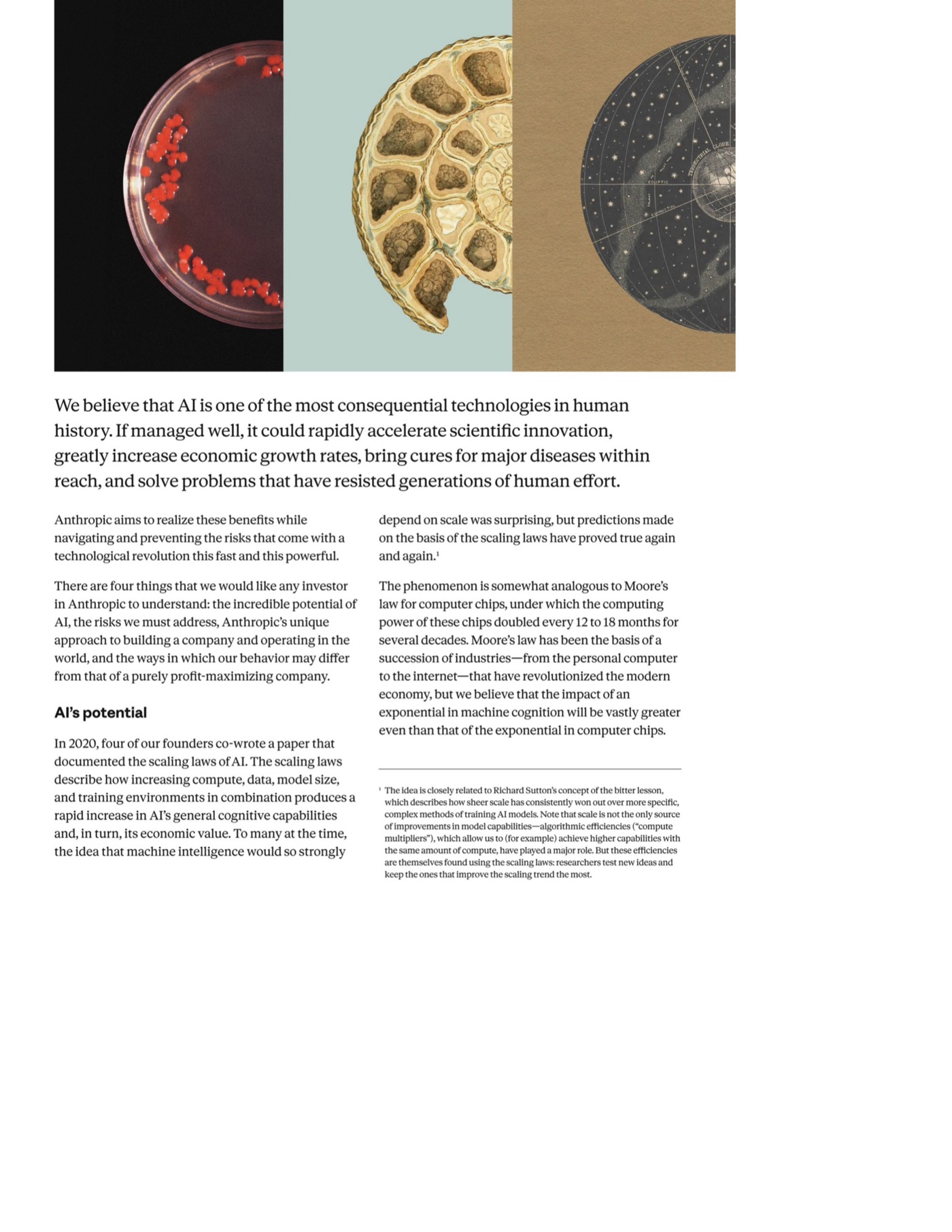 Parser-described artwork: red bacterial colonies in a petri dish; a cross-section of a biological structure with cellular compartments; a vintage celestial map showing constellations and astronomical coordinates.